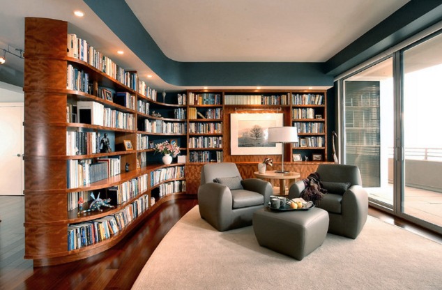 Contemporary living room with a library
