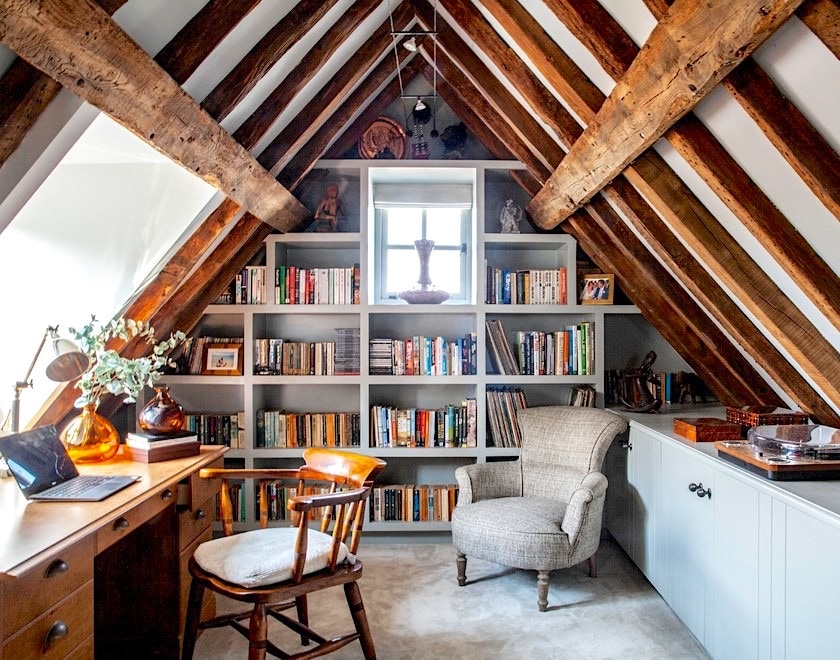 Home library in a vintage attic - best home library designs