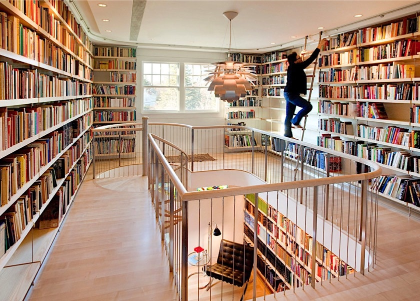 Large hallway library in a contemporary style
